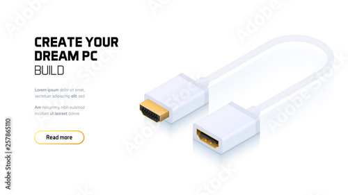 Computer cable 3d realistic isometric illustration, personal computer hardware components, custom gaming and workstation accessories, pc store and service