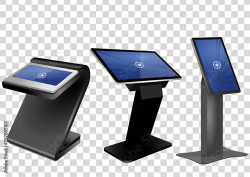 Three Promotional Interactive Information Kiosk, Advertising Display, Terminal Stand, Touch Screen Display isolated on transparent background. Mock Up Template.