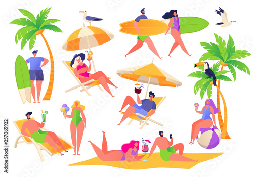 Summer vacation theme. Outdoor activity and rest on the beach. Set of active characters women and men, they relaxing on sun loungers and drinking cocktails, sunbathing and go surfing. © MPetrovskaya