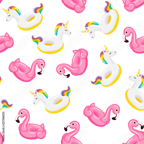 Seamless pattern flamingo and unicorn inflatable.