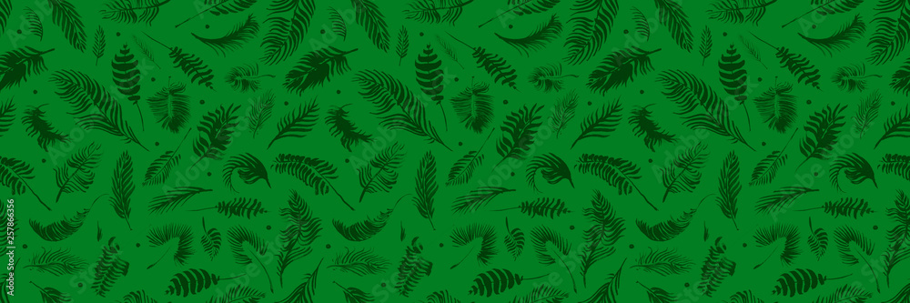 Palm branches on the green background. Exotic pattern. Hand drawn watercolor tropical seamless pattern with the botanical silhouettes of palm leaves. Minimal design of app background, cloth print.