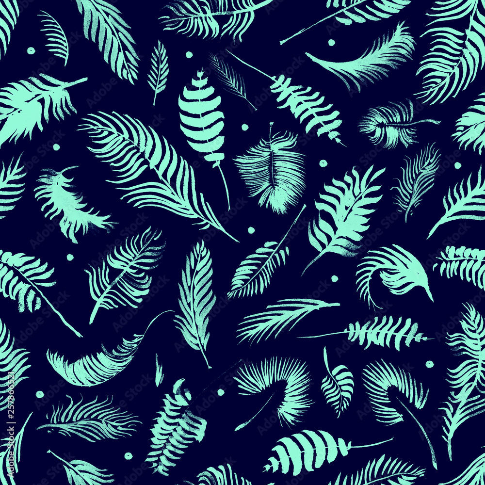 Palm branches on the black background. Exotic pattern. Hand drawn watercolor tropical seamless pattern with the botanical silhouettes of palm leaves. Minimal design of app background, cloth print.
