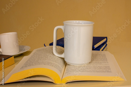 The empty cup on the open book