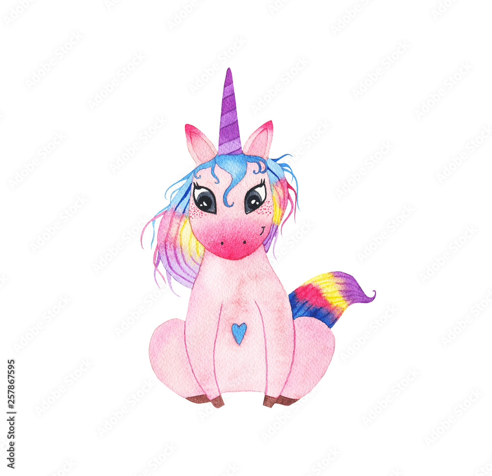 Plakat Watercolor cute magic pink unicorn with horn sitting isolated on white background