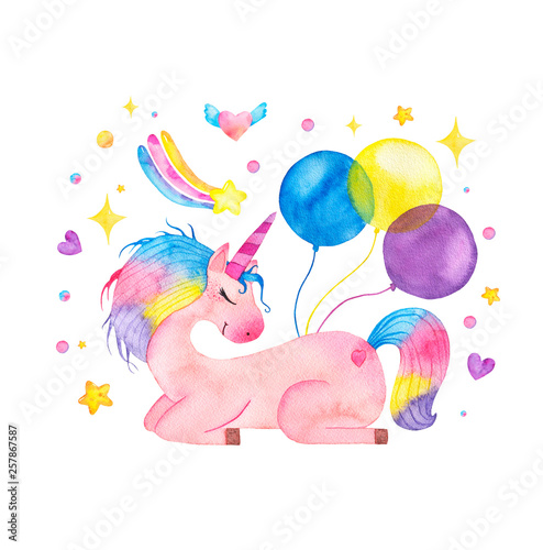Watercolor cute magic pink unicorn with balloons, rainbow and star isolated