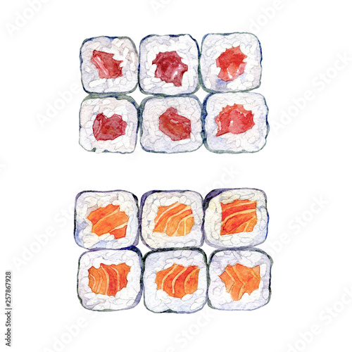 Set of watercolor illustrations of Japanese food. Sushi set.