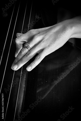 Hand of a musician playing on a contrabass closeup