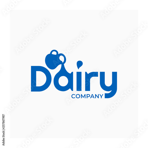 Dairy logo with jug. Blue icon for milk company.  Vector lactic template with illustration of jug and drop