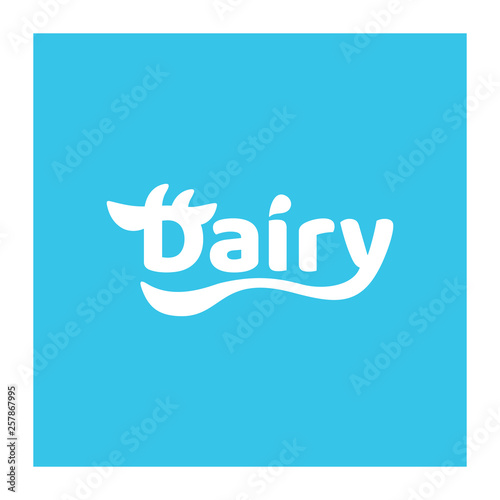 White vector dairy logo on blue background. Vector icon for milk product.  Symbolic cow sign from the word DAIRY with horns, ears and tail