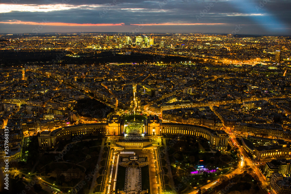 city at night view from Eiffel tower Trocadero square