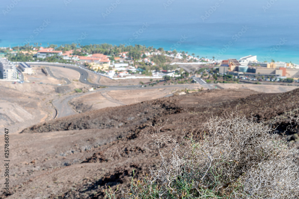 Arid landscape of Fuerteventura with resorts on the coast