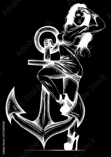 Cute sexy military pilot uniform pin up girl sitting hand drawn color vector vintage