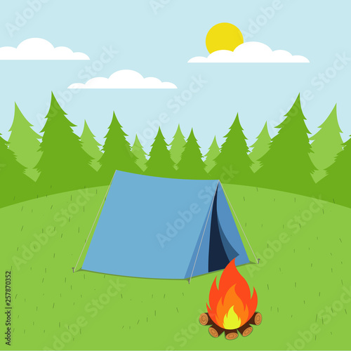 Sunny day landscape illustration in flat style with tent, campfire, mountains, forest and water. Background for summer camp, nature tourism, camping or hiking design concept.