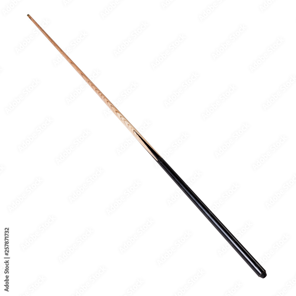 wooden cue for billiards with a black handle, on a white background - obrazy, fototapety, plakaty 