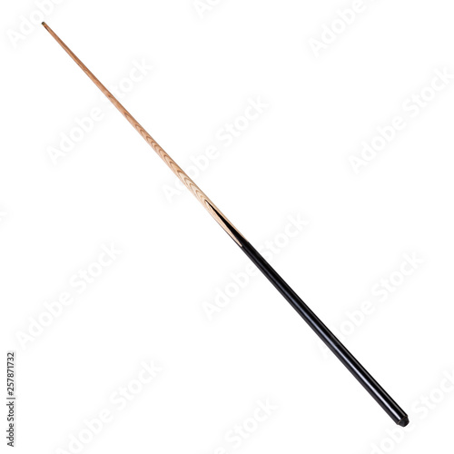 wooden cue for billiards with a black handle, on a white background