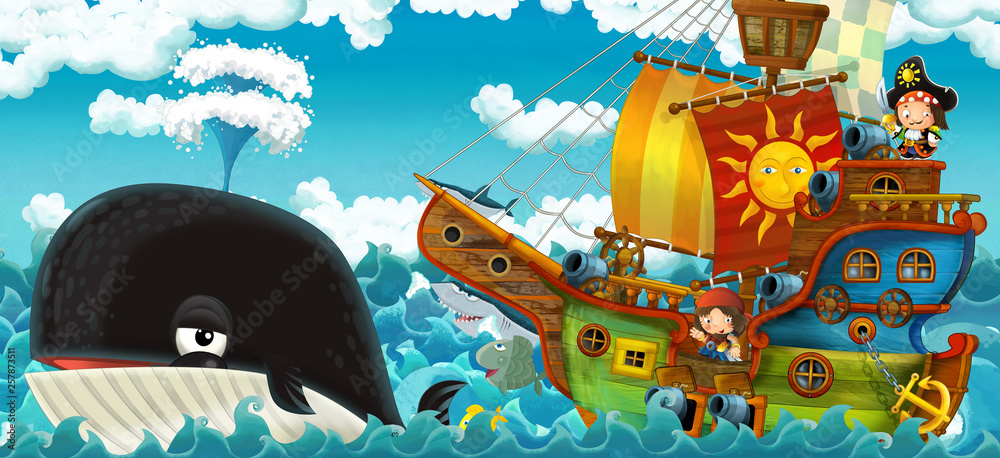 Naklejka premium cartoon scene with pirate ship sailing through the seas with happy pirates meeting swimming whale - illustration for children
