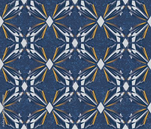 Diamond geometric seamless pattern, vector illustration of colorful crystalic background, dark blue, yellow colors photo