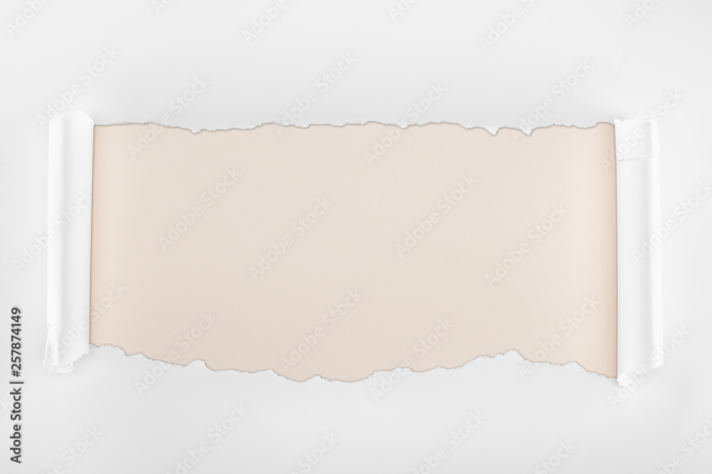 ripped white textured paper with curl edges on ivory background