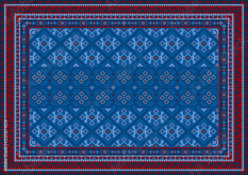 Luxury vintage oriental carpet with red, blue, and bluish shades on black background
