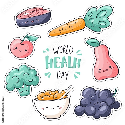 World health day stickers pack. World health day sign. Healthy food stickers collection in doodle style: salmon, muesli, granola, grapes, broccoli, pear. Hand drawn illustration on dark backdrop.