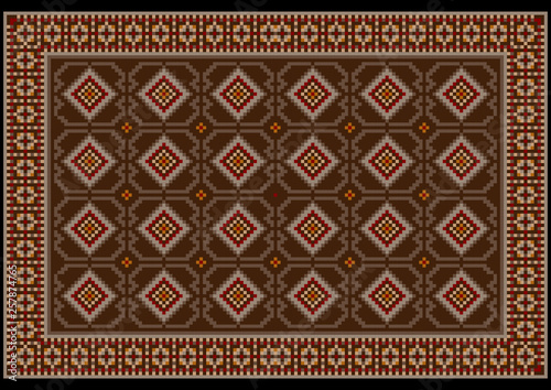 Luxury vintage oriental carpet in brown and beige tones with burgundy, yellow and gray patterns on a black background