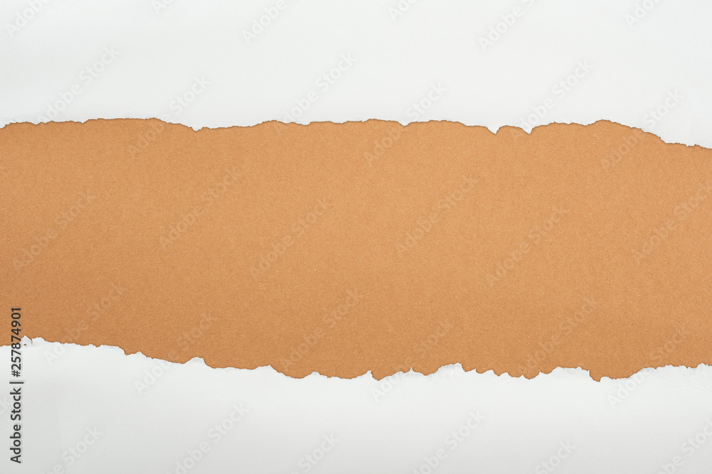 ripped white textured paper with copy space on brown background