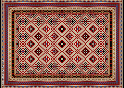  Luxury vintage oriental carpet in beige tones with burgundy, red, blue, brown and black patterns on a black background