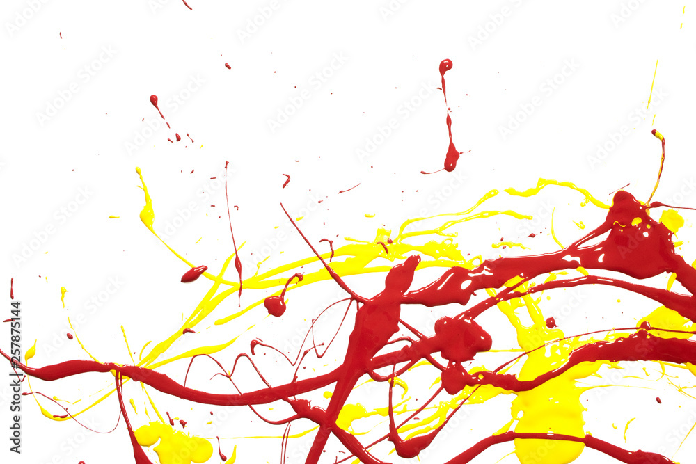 Fototapeta premium Yellow and Red Paint Splatters on White Background