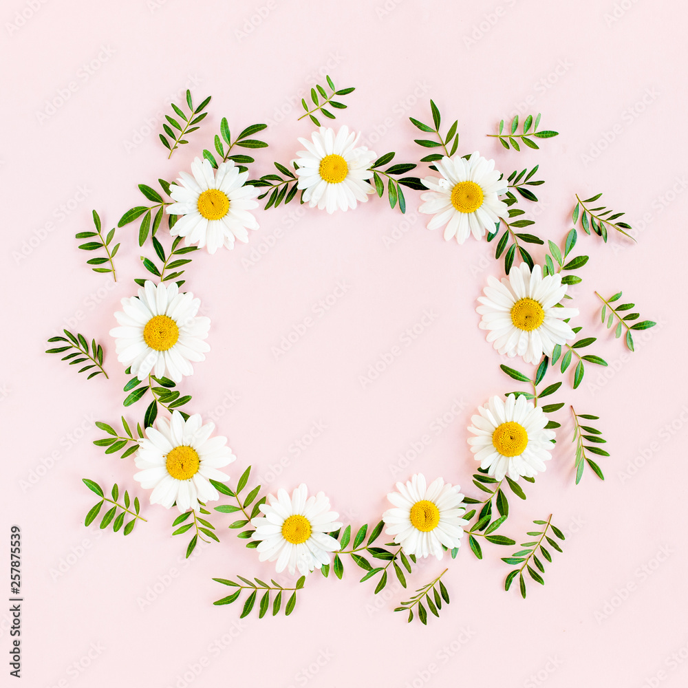 Round frame, wreath made of chamomiles, petals, leaves on beige background. Flat lay, top view