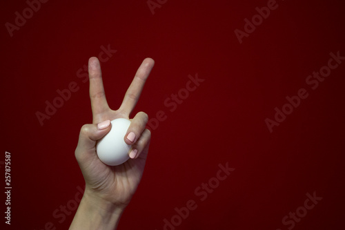 Woman's hand holding white chicken egg on red background preparing for Easter