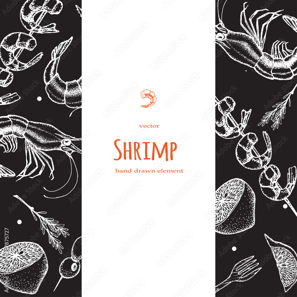 Obraz premium Set of shrimps. Hand drawn illustrations.Seafood concept on white background. Hand drawn boil prawn or shrimp. Background template for design. Can be use for menu, packaging.