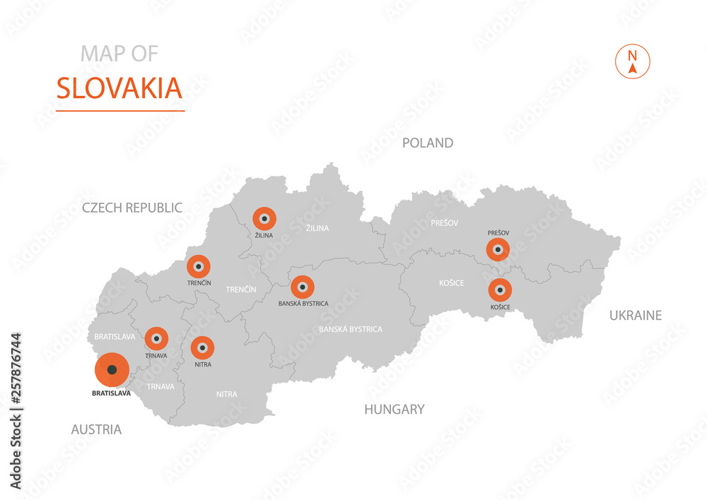 Stylized vector Slovakia map showing big cities, capital Bratislava, administrative divisions.