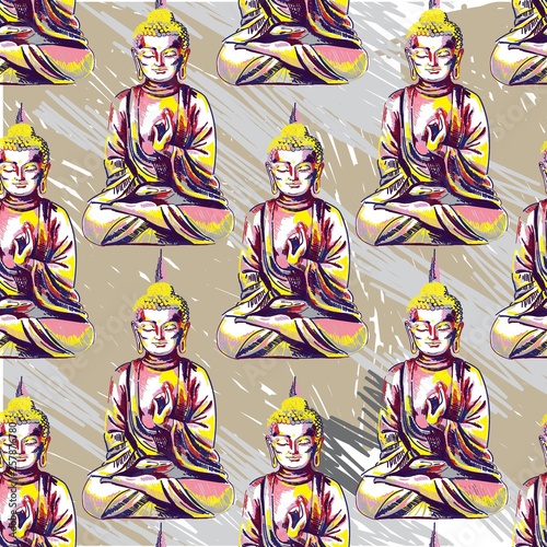 Stylish seamless pattern with buddha. Nice colors. Exotic  Asian background.