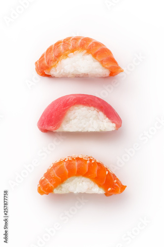 Creative layout with various sushi on white background