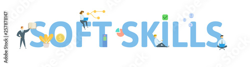 SOFT SKILLS. Concept with people, letters and icons. Colored flat vector illustration. Isolated on white background.