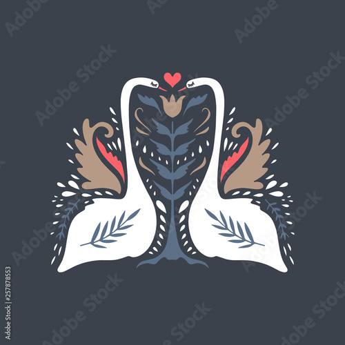 White swans couple. Birds in scandinavian style. Nordic folk ornament. Pattern with flower. Label, print. Vector illustration