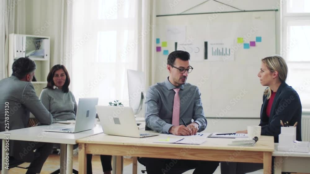 Group of young and old businesspeople with laptop working together in office. Group of young and old businesspeople with laptop working together in office.