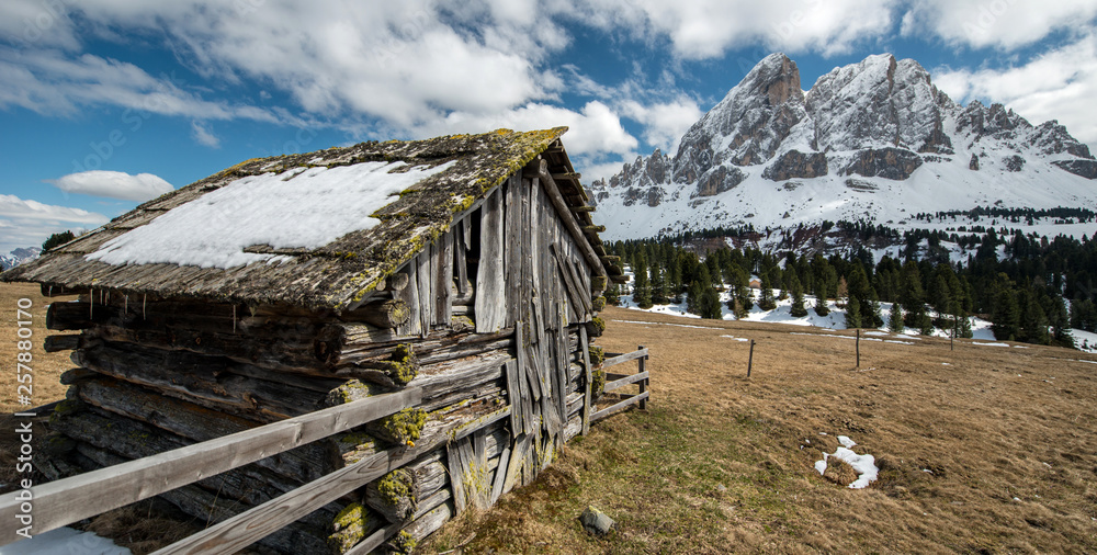 Old hut in Dolomites mountain