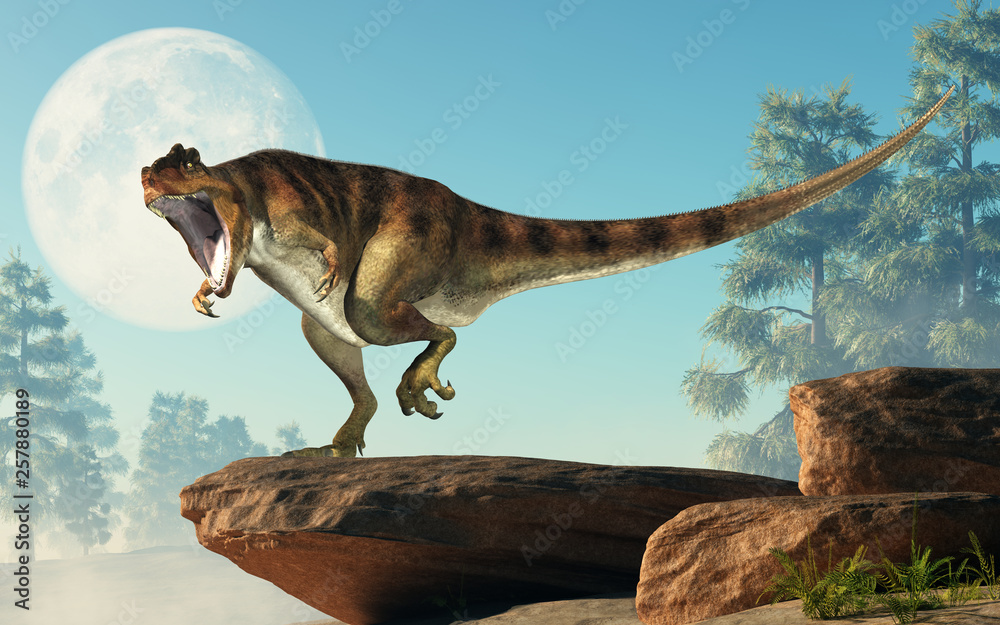 Fototapeta premium Giganotosaurus, one of the largest known terrestrial carnivores, was a carcharodontosaurid theropod dinosaur. Here it stands on a rock before full moon with an open mouth. 3D Rendering. 
