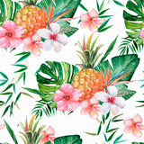 Seamless pattern, tropical pattern with flowers, leaves, pineapples. Watercolor illustration.