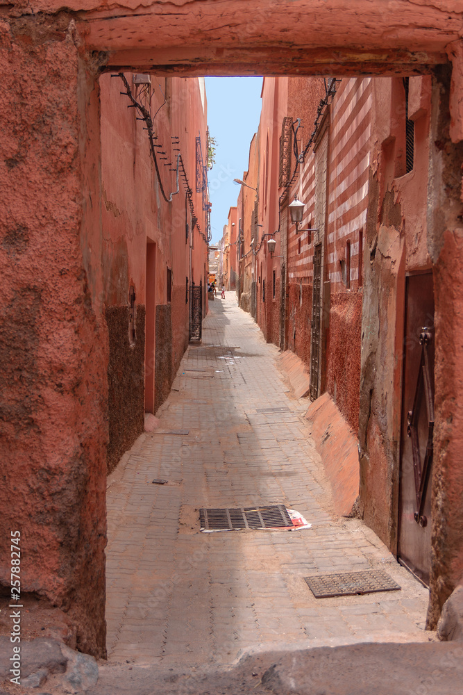 Very narrow moroccan street in old town of Marrakech