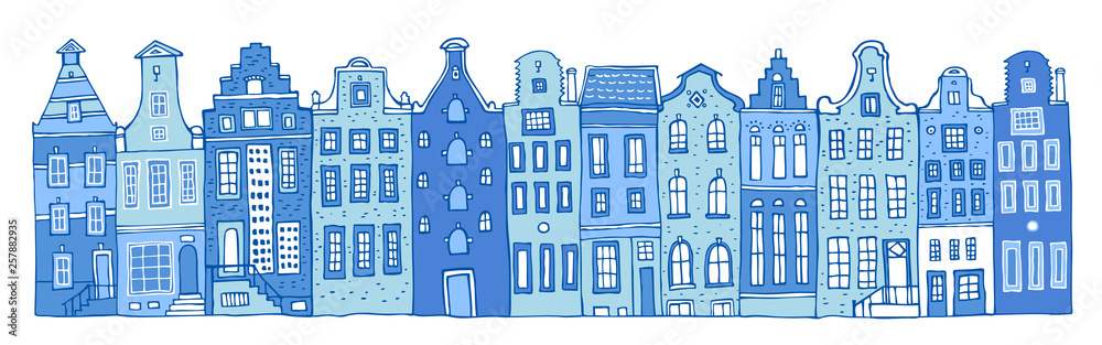 Amsterdam vector sketch hand drawn illustration. Cartoon outline houses facades in a row in colors of blue porcelain paints isolated on white background