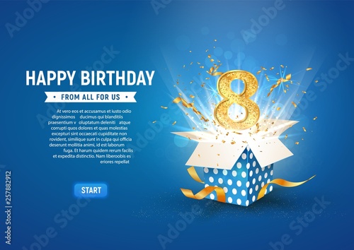 8 th year anniversary banner with open burst gift box. Template eighth birthday celebration and abstract text on blue background vector illustration
