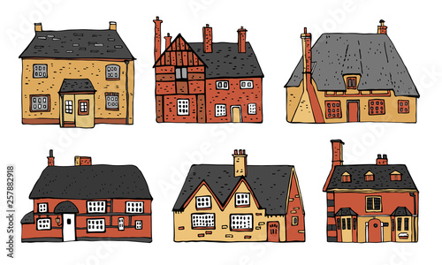 Old english village vector sketch hand drawn color illustration. Set of cartoon outline houses facades   isolated on white background