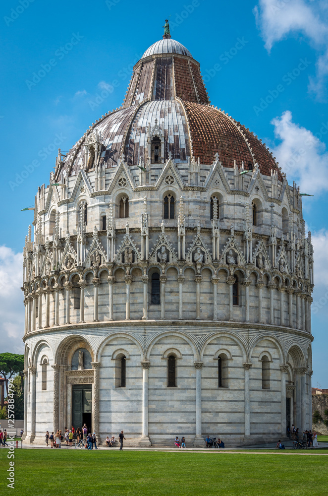 Close view of Romanesque Baptistery of St. John Baptistry at Piazza dei Miracoli Piazza del Duomo popular tourist attraction in Pisa, Italy