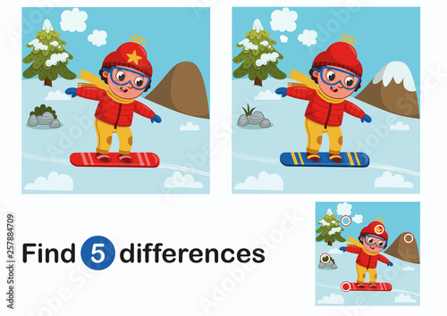 Find 5 differences education game for children, skier boy in the nature.(Vector illustration) 