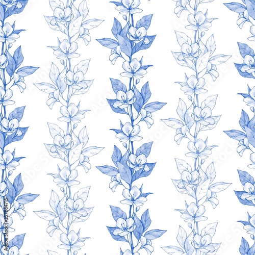 Blue floral seamless pattern. Monochrome watercolor background with flowers. Decorative border