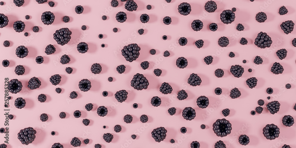 Blackberries scattered on a pink background   - 3D illustration