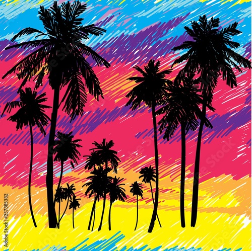 Seamless pattern with palm trees against the sky. Bright multicolored background. Pop art drawing markers.
