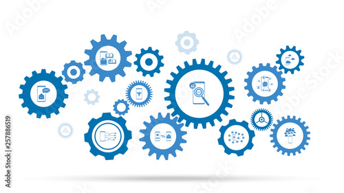 smartphone, chart, magnifier, gear icon. From mobile concept set